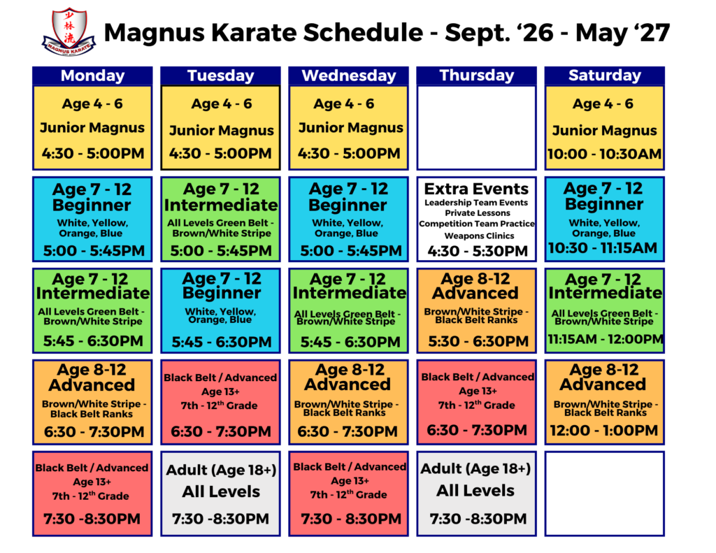 Magnus Karate Schedule Sept. 26 May 27